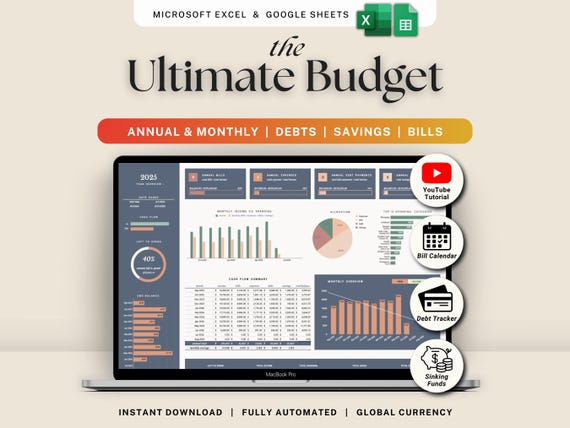 Ultimate Annual Budget Google Sheets Excel Budget Template Monthly Budget Spreadsheet Bill Calendar Debt Savings Tracker Finance Planner