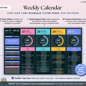 May include: Digital weekly calendar with a clean, modern design. Features include a 7-day schedule, task filters, and progress charts. The calendar displays dates from January 27 to February 2, with task lists and progress percentages for each day.