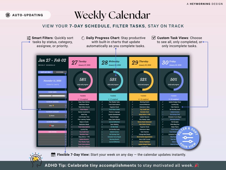 May include: Digital weekly calendar with a clean, modern design. Features include a 7-day schedule, task filters, and progress charts. The calendar displays dates from January 27 to February 2, with task lists and progress percentages for each day.