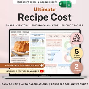 Recipe Cost and Pricing Calculator Spreadsheet for Bakery and Food Business Pricing Tool Google Sheets Excel Cake Ingredient Cost and Profit
