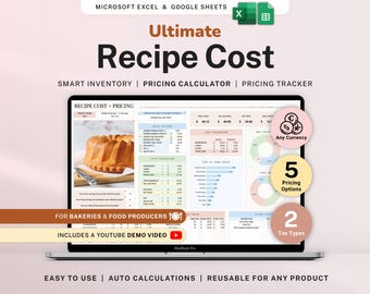 Recipe Cost and Pricing Calculator Spreadsheet for Bakery and Food Business Pricing Tool Google Sheets Excel Cake Ingredient Cost and Profit