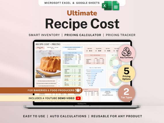 Recipe Cost and Pricing Calculator Spreadsheet for Bakery and Food Business Pricing Tool Google Sheets Excel Cake Ingredient Cost and Profit