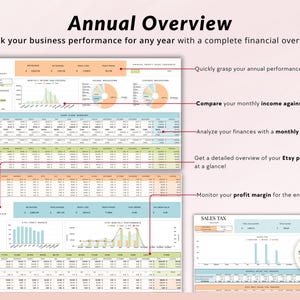May include: A colorful spreadsheet template for tracking business performance in 2024. The template includes sections for income, expenses, Etsy sales, and sales tax. The template is designed to help businesses quickly grasp their annual performance, compare monthly income against expenses, analyze finances with a monthly breakdown, get a detailed overview of Etsy performance, and monitor profit margin for the entire year.