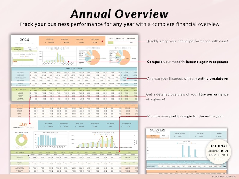 May include: A colorful spreadsheet template for tracking business performance in 2024. The template includes sections for income, expenses, Etsy sales, and sales tax. The template is designed to help businesses quickly grasp their annual performance, compare monthly income against expenses, analyze finances with a monthly breakdown, get a detailed overview of Etsy performance, and monitor profit margin for the entire year.