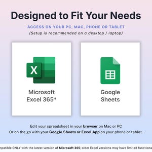May include: Image promoting spreadsheet software compatibility. The text reads "Designed to Fit Your Needs" and highlights access on PC, Mac, phone, or tablet. It features the Microsoft Excel 365 and Google Sheets logos, with instructions for use on various devices.