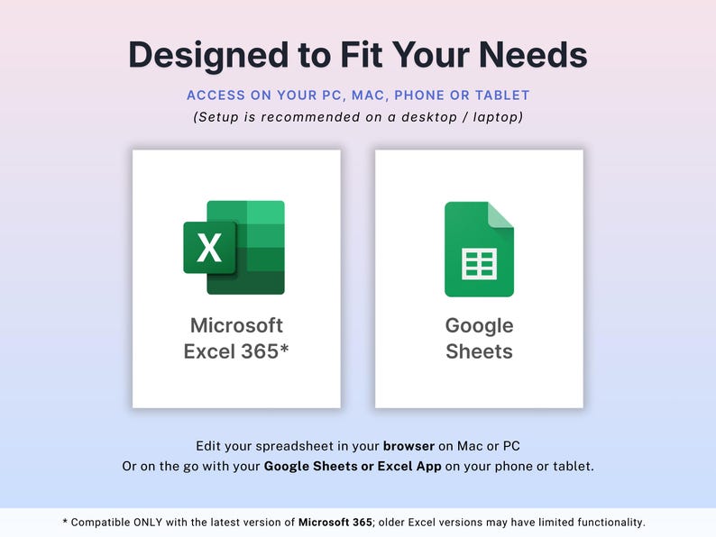 May include: Image promoting spreadsheet software compatibility. The text reads "Designed to Fit Your Needs" and highlights access on PC, Mac, phone, or tablet. It features the Microsoft Excel 365 and Google Sheets logos, with instructions for use on various devices.