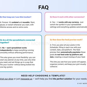 Op de afbeelding: Een digitale FAQ-sheet met vier vraag-en-antwoordsecties in gekleurde vakken. De vragen gaan over trackergebruik, valutacompatibiliteit, spreadsheetverbindingen en de feed preview-functionaliteit. De tekst bevat de branding "HEY MORNING STUDIO" en een call to action om de shop te bezoeken.