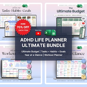 ADHD Life Planner Bundle Annual Budget Google Sheets Excel Weekly Monthly Task Planner Habit Tracker Productivity Organizer Workout Template image 1