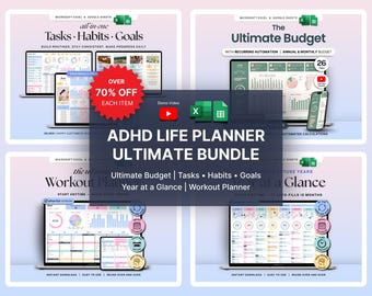 ADHD Life Planner Bundle Annual Budget Google Sheets Excel Weekly Monthly Task Planner Habit Tracker Productivity Organizer Workout Template