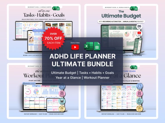 ADHD Life Planner Bundle Annual Budget Google Sheets Excel Weekly Monthly Task Planner Habit Tracker Productivity Organizer Workout Template