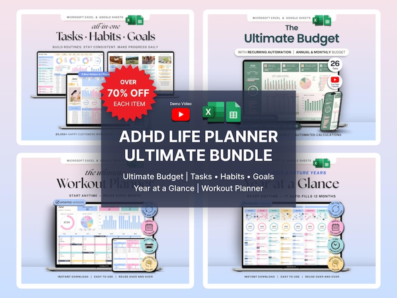 ADHD Life Planner Bundle Annual Budget Google Sheets Excel Weekly Monthly Task Planner Habit Tracker Productivity Organizer Workout Template image 1