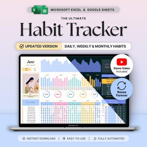 Può includere: Un tracker di abitudini digitale visualizzato su uno schermo di un portatile, compatibile con Microsoft Excel e Google Sheets. L'interfaccia presenta grafici e liste di controllo giornaliere per giugno, con il testo The Ultimate Habit Tracker.