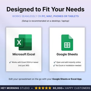 Peut inclure: Un graphique de produit num&eacute;rique intitul&eacute; Designed to Fit Your Needs, pr&eacute;sentant les ic&ocirc;nes de Microsoft Excel et Google Sheets. Il indique la compatibilit&eacute; avec PC, Mac, t&eacute;l&eacute;phones et tablettes, avec Excel 2024 ou plus r&eacute;cent et Google Sheets.