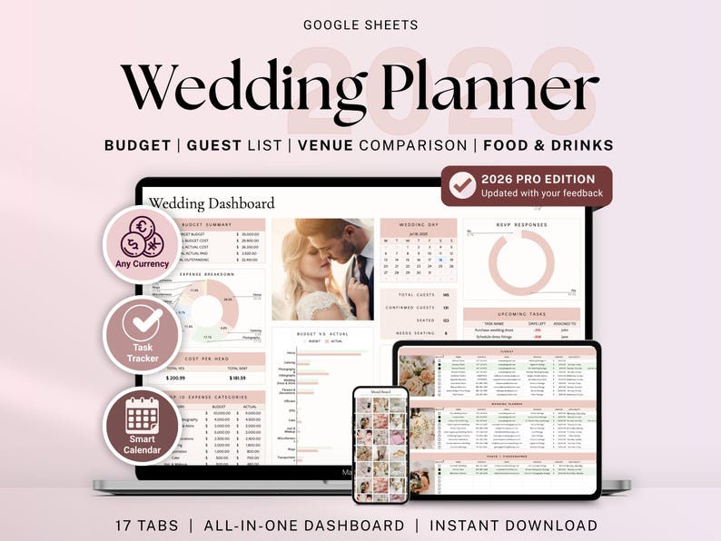 Wedding Planner Google Sheets, Include 17 tabs + full setup instructions + Free BONUS honeymoon travel planner; All-in-one Dashboard, Wedding Budget Tracker, Wedding Checklist, Guest List, Seating Plan, Wedding Itinerary, Automated Smart Calendar