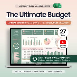 Op de afbeelding: Een digitale budgetplanner voor Microsoft Excel en Google Sheets weergegeven op een laptopscherm. De interface heeft een kleurenschema van saliegroen en zachtroze met grafieken, tabellen en de tekst The Ultimate Budget, 27 Tabs en Recurring Automation.