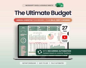 Ultimate Annual Budget Spreadsheet Monthly Budget Template Google Sheets Excel Bill Calendar Debt Savings Tracker Personal Finance Net Worth