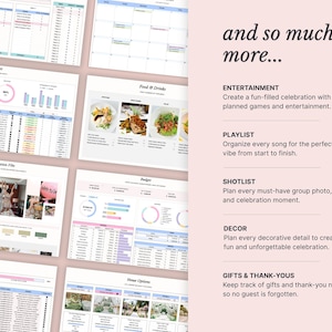 Pode incluir: Um modelo de planilha digital para planejamento de eventos em um fundo rosa claro. O layout apresenta v&aacute;rias se&ccedil;&otilde;es, incluindo listas de convidados, menus, rastreadores de or&ccedil;amento e op&ccedil;&otilde;es de locais com gr&aacute;ficos e tabelas.