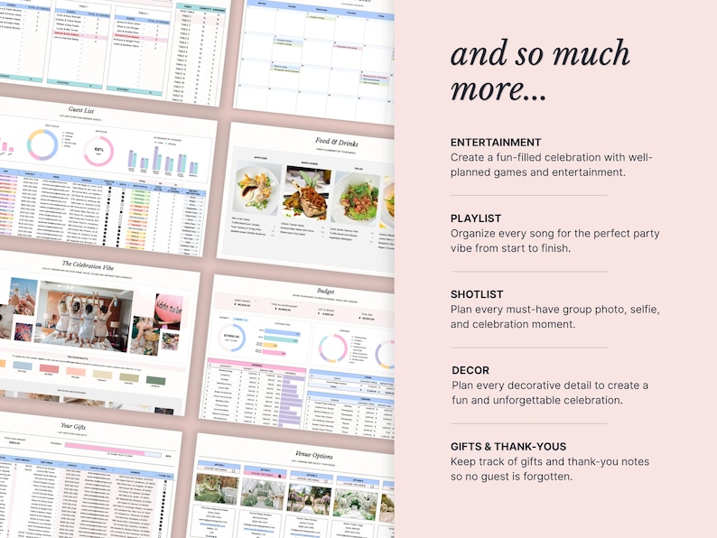 Pode incluir: Um modelo de planilha digital para planejamento de eventos em um fundo rosa claro. O layout apresenta v&aacute;rias se&ccedil;&otilde;es, incluindo listas de convidados, menus, rastreadores de or&ccedil;amento e op&ccedil;&otilde;es de locais com gr&aacute;ficos e tabelas.