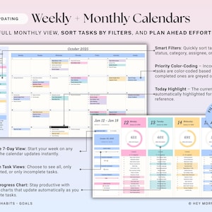 May include: A digital planner with a weekly and monthly calendar view. The planner features color-coded tasks, a daily progress chart, and smart filters. The text on the image says "Weekly + Monthly Calendars".