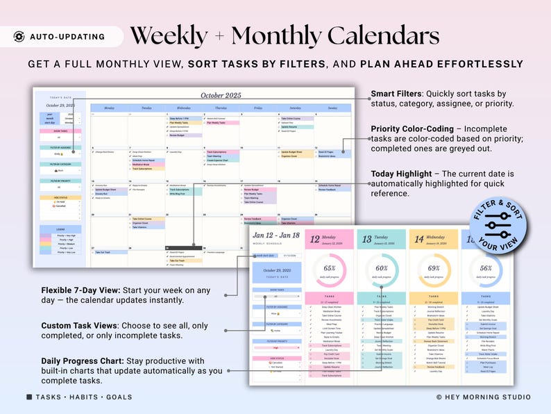 May include: A digital planner with a weekly and monthly calendar view. The planner features color-coded tasks, a daily progress chart, and smart filters. The text on the image says "Weekly + Monthly Calendars".