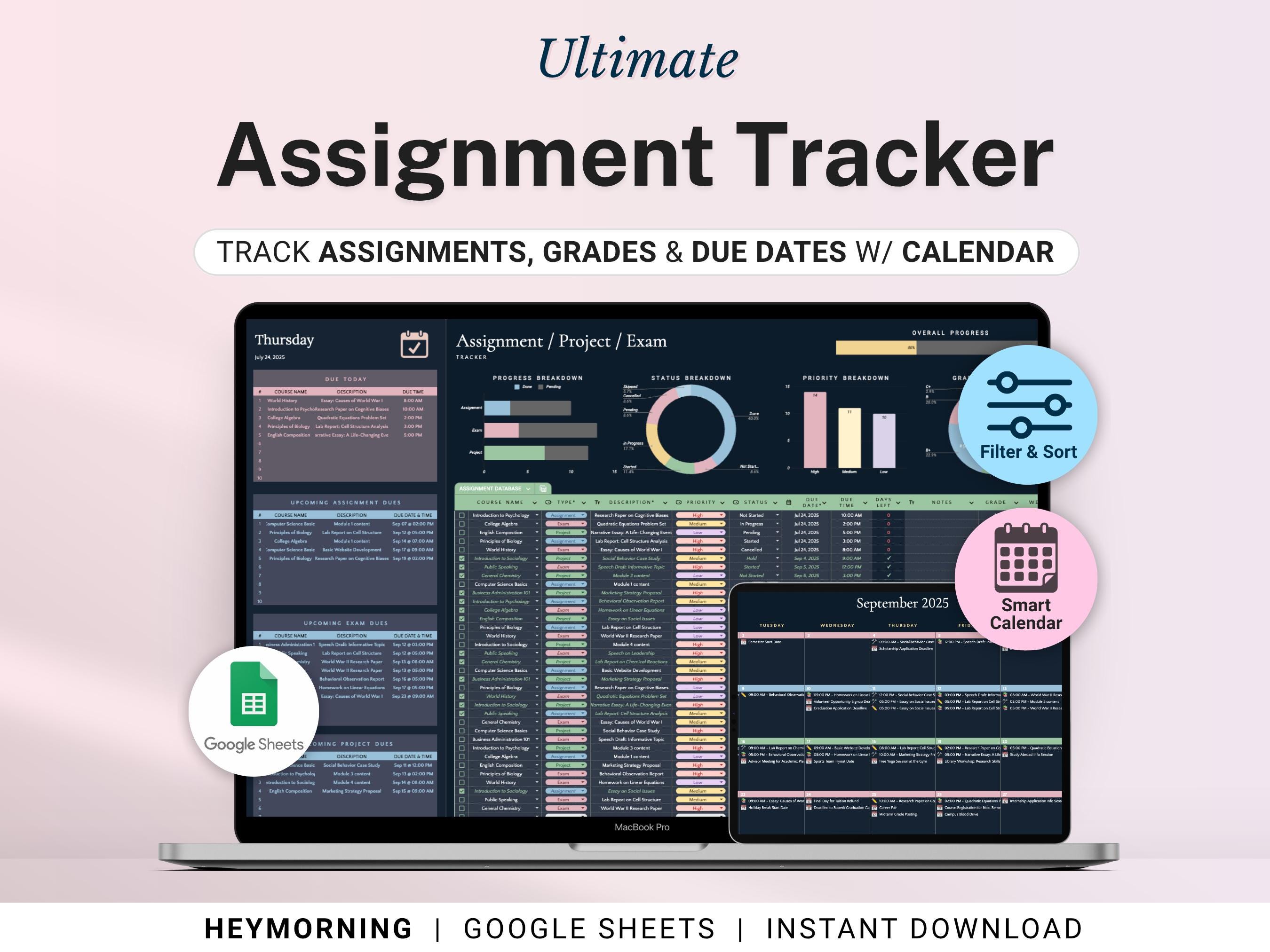 Assignment Tracker Google Sheets Dark Mode Student Planner Spreadsheet Exam Homework Assessment Tracker Academic Calendar Study Planner