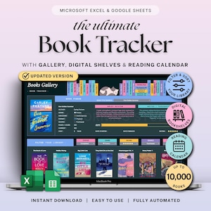 May include: A laptop screen displays "the ultimate Book Tracker" with a book gallery, digital shelves, and reading calendar. The screen shows a book tracker interface with book covers and a cat graphic. The text includes "Updated Version" and "Instant Download".