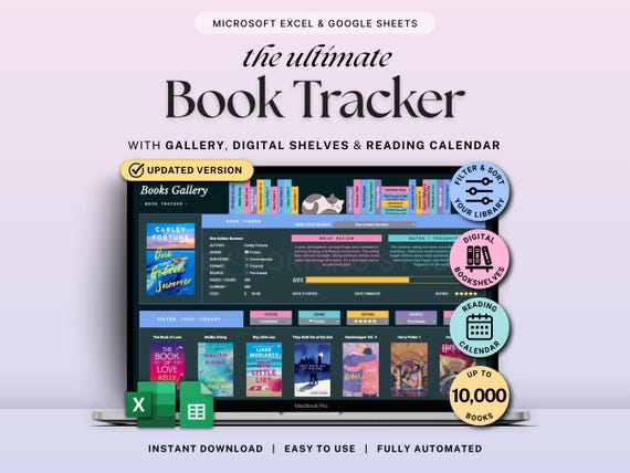 Book Tracker Reading List Planner Google Sheets Excel Dark Mode Reading Tracker Book Review Spreadsheet Book Journal Gift for Book Lover