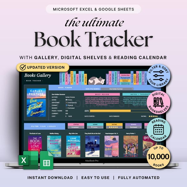 Book Tracker Reading List Planner Google Sheets Excel Dark Mode Reading Tracker Book Review Spreadsheet Book Journal Gift for Book Lover