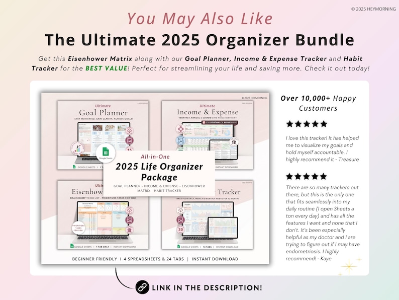Puede incluir: Un paquete de descarga digital rosa y blanco para un organizador de vida 2025. El paquete incluye un planificador de objetivos, un rastreador de ingresos y gastos, una matriz de Eisenhower y un rastreador de h&aacute;bitos. El texto "M&aacute;s de 10.000 clientes felices" es visible en la imagen.