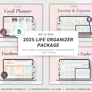 Goal Tracker 2025 Budget Spreadsheet Income and Expense Google Sheets Task Tracker Eisenhower Matrix Annual Habit Tracker Goal Planner