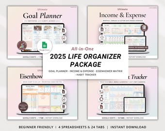 Goal Tracker 2025 Budget Spreadsheet Income and Expense Google Sheets Task Tracker Eisenhower Matrix Annual Habit Tracker Goal Planner