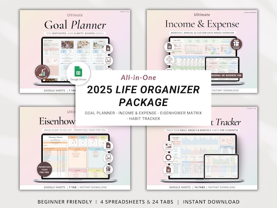 Goal Tracker 2025 Budget Spreadsheet Income and Expense Google Sheets Task Tracker Eisenhower Matrix Annual Habit Tracker Goal Planner