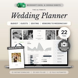May include: A digital wedding planner template for Microsoft Excel and Google Sheets displayed on a laptop screen. The interface features 22 tabs, budget tracking, guest lists, seating charts, and vendor management tools with charts and graphs.