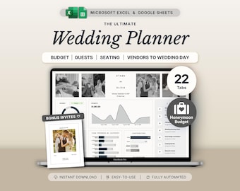 Puede incluir: Una plantilla digital de planificador de bodas para Microsoft Excel y Google Sheets en una pantalla de portátil. La interfaz incluye 22 pestañas, seguimiento de presupuesto, listas de invitados, planos de asientos y herramientas de gestión.