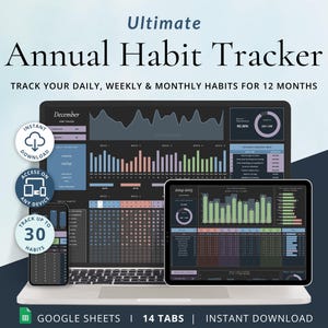 Yearly Habit Tracker Google Sheets Annual Habit Planner Spreadsheet; Track daily, weekly, monthly habits; Includes 14 tabs + Annual dashboard; Use on any month and year; Digital Routine Planner; Goal Setting; 2025 Resolutions