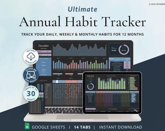 Annual Habit Tracker Spreadsheet Yearly Habit Planner Google Sheets Daily Weekly Monthly Routine ADHD Habit Template 2025 Resolutions