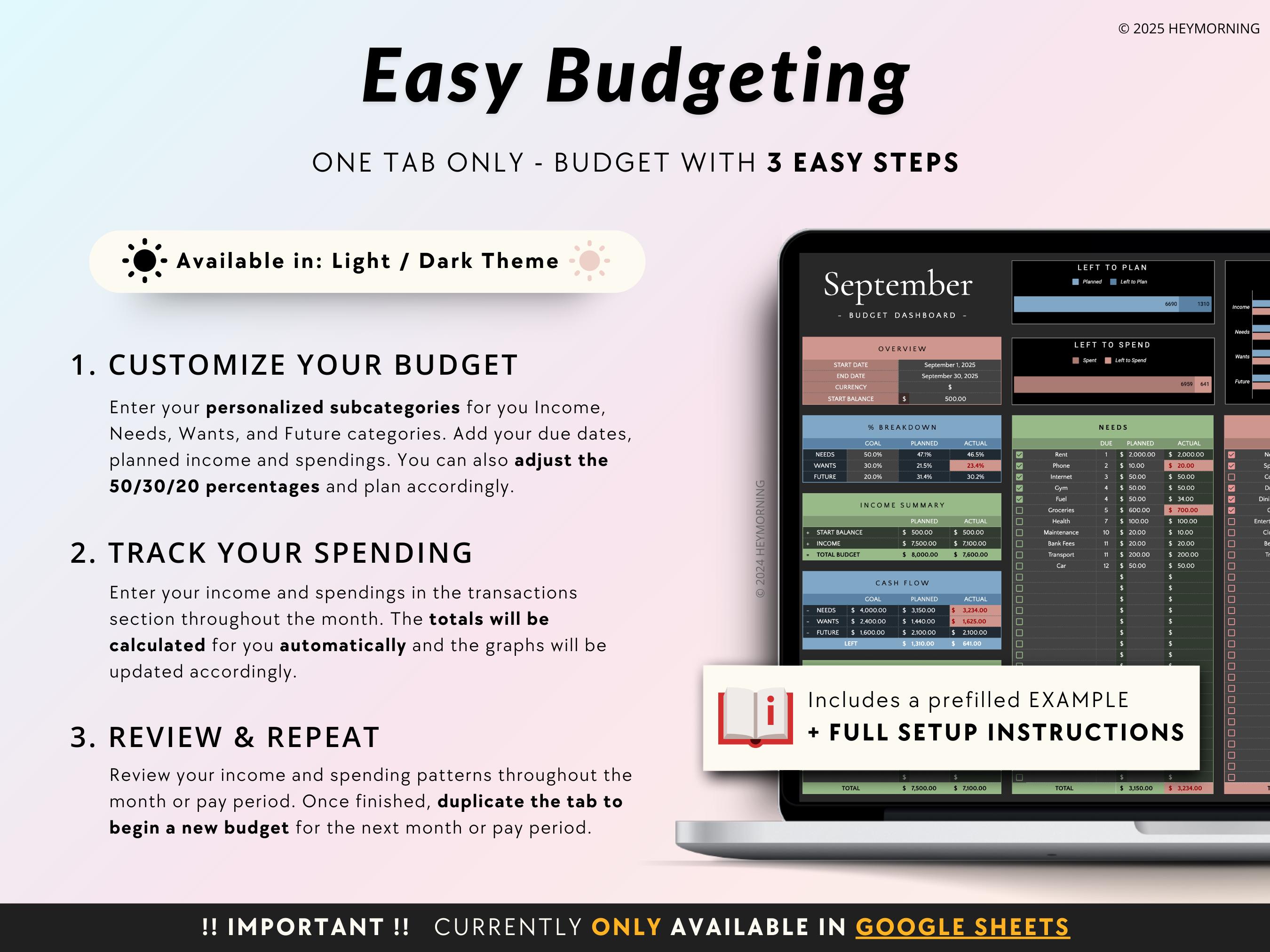 50/30/20 Budget Spreadsheet Dark Mode Monthly Biweekly Tracker for ...