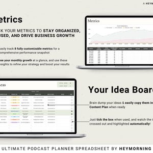 May include: Two laptops showing a podcast planner spreadsheet. One displays metrics with graphs and data, the other an idea board. Text reads "Metrics" and "Your Idea Board". The spreadsheet helps to organise, focus, and drive business growth.