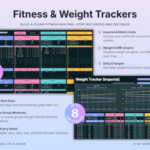 以下が含まれることがあります： 「Fitness & Weight Trackers」のテキストが入ったデジタルフィットネスと体重トラッカー。プランナーには、毎週のワークアウト、体重追跡、BMIグラフのセクションが含まれています。インペリアル単位とメートル単位、毎日の変化、筋肉グループのワークアウトなどの機能があります。