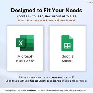 May include: A digital graphic with the text "Designed to Fit Your Needs" and icons for Microsoft Excel 365 and Google Sheets. The text indicates access on PC, Mac, phone, or tablet. The image also states that setup is recommended on a desktop or laptop.