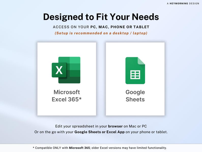May include: A digital graphic with the text "Designed to Fit Your Needs" and icons for Microsoft Excel 365 and Google Sheets. The text indicates access on PC, Mac, phone, or tablet. The image also states that setup is recommended on a desktop or laptop.