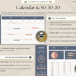 May include: A digital financial planning tool with a calendar and 50/30/20 budgeting dashboard. The design includes a calendar view, a pie chart, and a bar graph. The text includes "Calendar & 50/30/20" and "Plan Smarter".