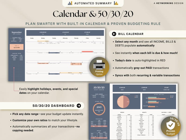 May include: A digital financial planning tool with a calendar and 50/30/20 budgeting dashboard. The design includes a calendar view, a pie chart, and a bar graph. The text includes "Calendar & 50/30/20" and "Plan Smarter".