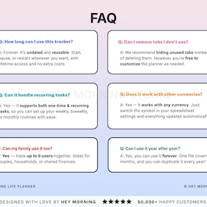 May include: A digital planner FAQ sheet with a gradient background. The text includes questions and answers about the planner's features, such as recurring tasks, currency compatibility, and multi-user access. The bottom of the image includes the text "ALL-IN-ONE LIFE PLANNER".