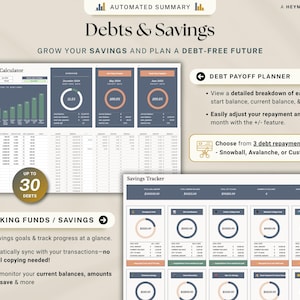May include: A digital financial planning tool titled "Debts & Savings". It features a debt payoff calculator, savings tracker, and debt repayment strategies. The design uses blue, orange, and white, with the text "Grow your savings and plan a debt-free future."