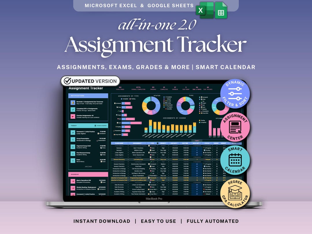 Assignment Tracker Google Sheets Excel Dark Mode Student Planner ...