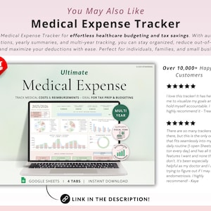 May include: A digital product for tracking medical expenses. The image shows a laptop screen displaying a spreadsheet with charts and graphs. The text on the screen reads "Ultimate Medical Expense" and "Track Medical Costs & Reimbursements - Ideal for Tax Prep & Budgeting". The image also includes a "Best Seller" badge and text that reads "Over 10,000+ Happy Customers".