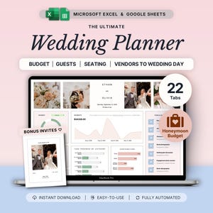 Peut inclure: Un modèle de planificateur de mariage numérique pour Microsoft Excel et Google Sheets affiché sur un écran d'ordinateur portable. L'interface comprend 22 onglets, un suivi budgétaire, des listes d'invités et des outils de gestion des prestataires.