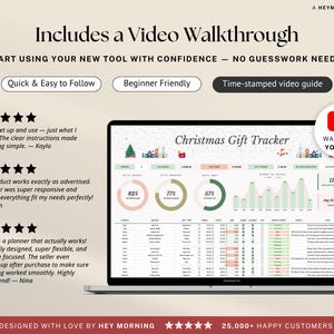 Peut inclure: Un &eacute;cran d'ordinateur portable affiche un tableur de suivi des cadeaux de No&euml;l. L'&eacute;cran montre des visualisations de donn&eacute;es et une liste d'id&eacute;es cadeaux. Le texte &agrave; l'&eacute;cran comprend "Includes a Video Walkthrough" et "Watch on YouTube".