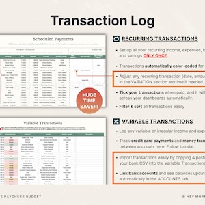 Puede incluir: Un documento digital de planificaci&oacute;n financiera titulado "Transaction Log" con secciones para transacciones programadas y variables. Incluye claridad codificada por colores, ajuste de transacciones y enlace de cuentas bancarias. El texto incluye "HUGE TIME SAVER!" y "ULTIMATE PAYCHECK BUDGET."